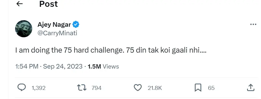 Screenshot 2023 09 26 143435 Shocking! Carryminati doing 75 hard challenge: Ashish Chanchlani trolled.